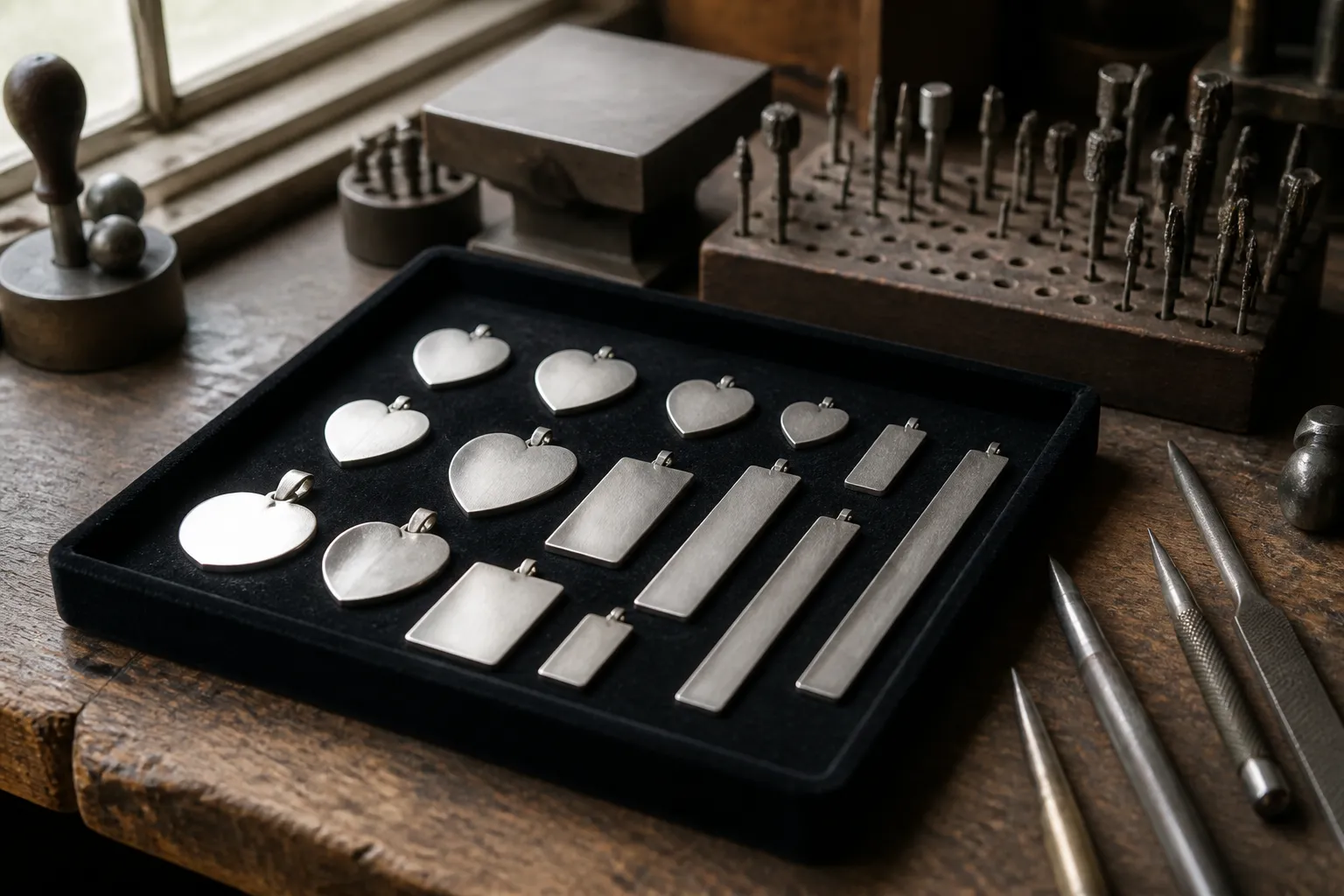 blank jewelry for engraving - Photorealistic documentary-style photo of a jeweler's workbench with sterling silver blank pendants in heart, rectangle, and bar shapes laid out on a black velvet tray alongside engraving tools; natural window light from the left, shallow depth of field, no text visible on the blanks