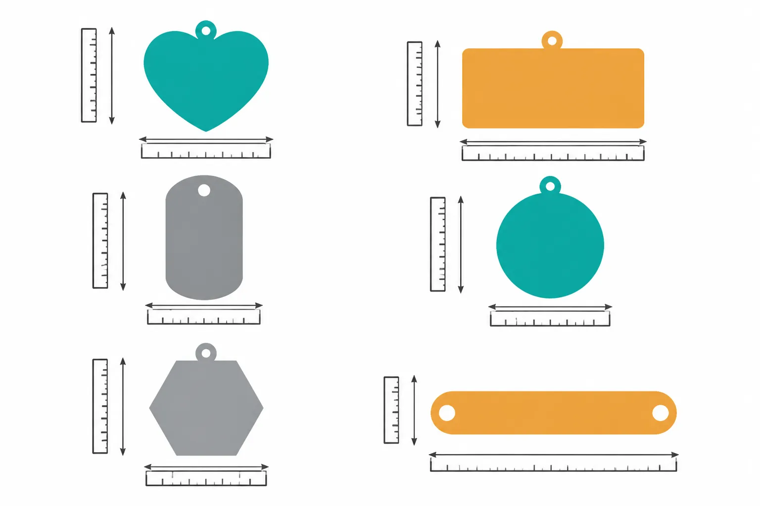 blank jewelry for engraving - Clean flat-design informational diagram showing six jewelry blank shapes (heart, rectangle, bar, infinity bar, circle, diamond) arranged in a two-column grid, each labeled with approximate dimensions in millimeters, color-coded by shape category using teal for hearts, orange for rectangles and bars, and gray for geometric shapes, white background, no photography
