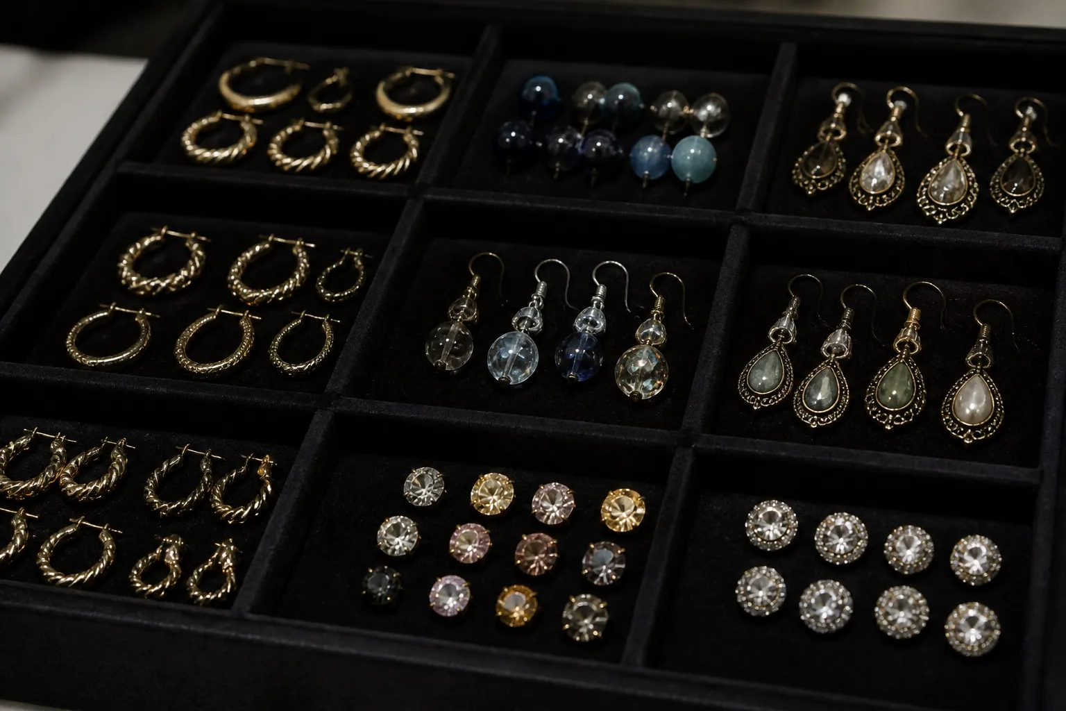ohrringe kaufen - Nahaufnahme eines professionellen Musterkoffers mit sortierten Ohrring-Styles – goldene Creolen, Glasperlen-Stecker, Vintage-Hängeohrringe und Rhinestone-Stecker auf schwarzem Samttableau, angeordnet nach Material und Finish zur Illustration eines B2B-Warenangebots