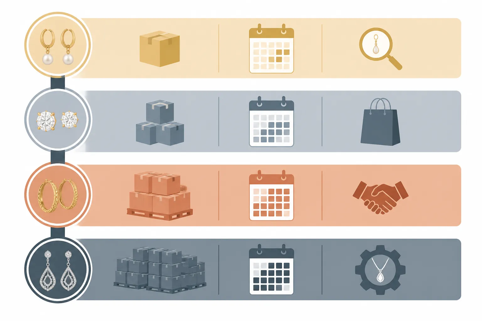 ohrringe kaufen - Infografik mit vier horizontalen Stufen – Sampling, Kleinhandel, Großhandel, OEM – jeweils mit Bestellmenge, Lead Time und Hauptmerkmal als farblich kodierte Entscheidungsleiter für Ohrring-Einkäufer