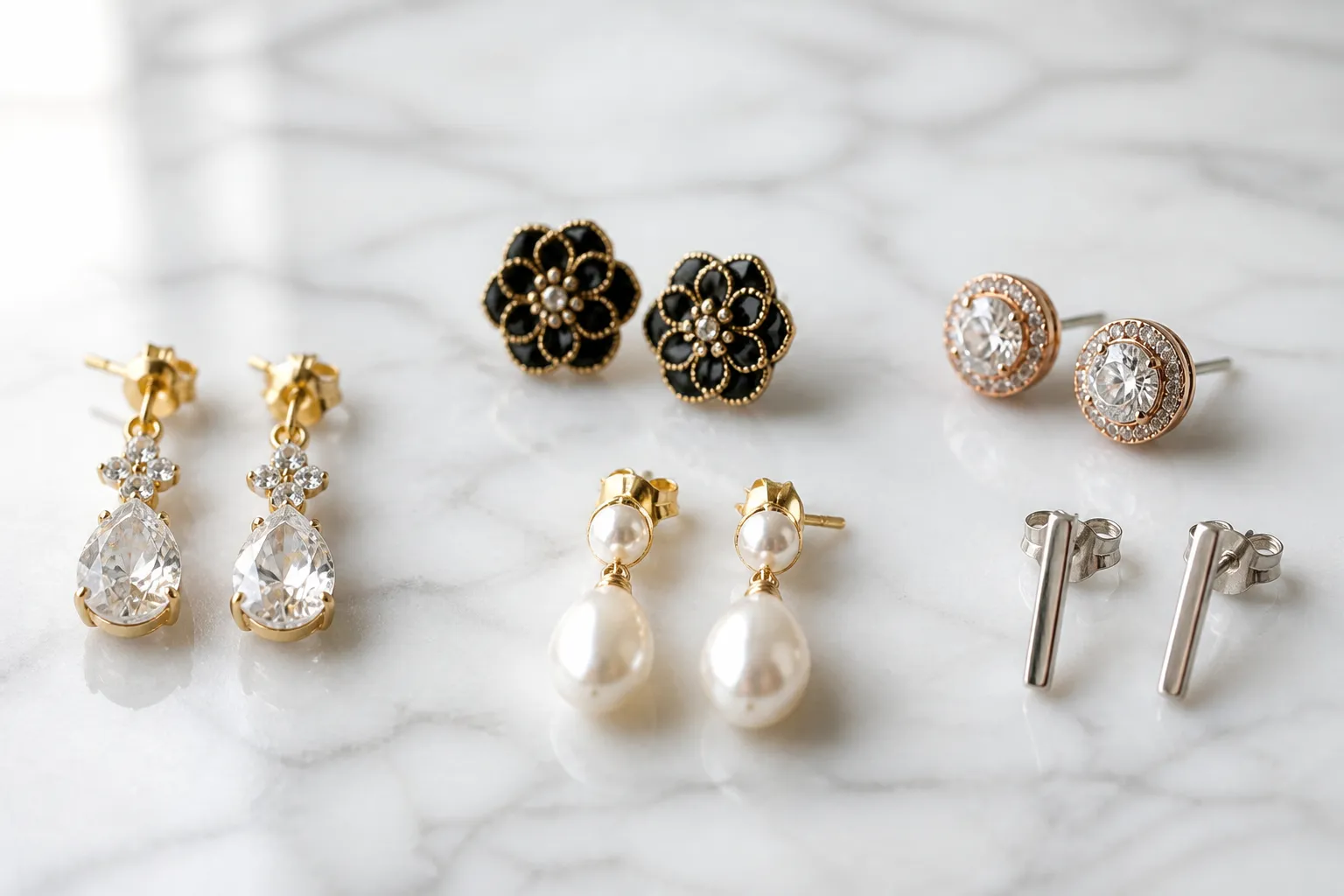bijoux d'oreille - Photorealistic flat-lay of five pairs of earrings arranged on a white marble surface — gold-plated drop earrings with gradient crystal beads, black vintage flower glass studs, two-tone rhinestone studs, pearl drop studs, and rhodium-plated bar studs — soft natural window light from the left, shallow depth of field, fine jewelry product photography