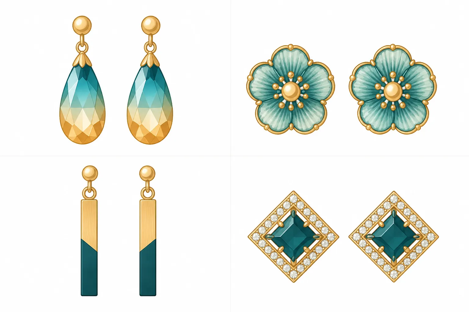 bijoux d'oreille - Clean flat-design infographic showing four earring style categories in a 2×2 grid — gradient crystal drop earring top-left, vintage floral glass stud top-right, two-tone rhodium and gold bar earring bottom-left, geometric color-block rhinestone stud bottom-right — minimal icon label under each, teal and warm gold color palette, white background, no text