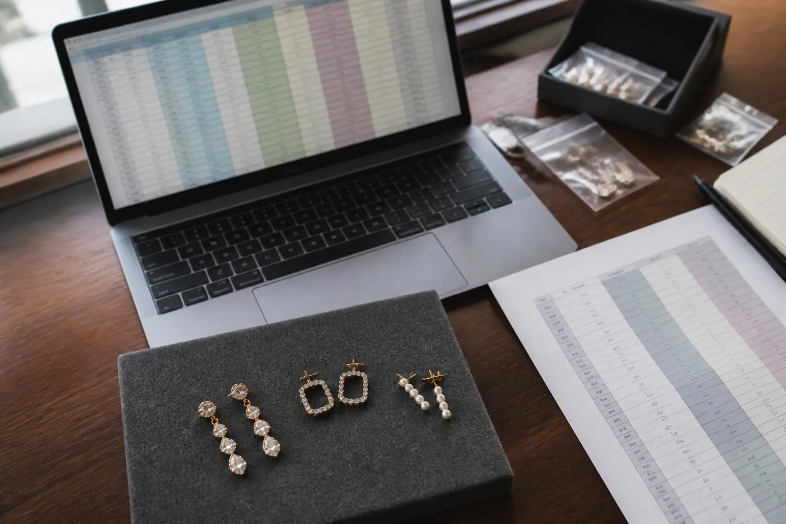 bijoux d'oreille - Editorial flat-lay photo of a professional procurement desk — an open laptop showing a multi-column jewelry sourcing spreadsheet, three pairs of sample earrings (gold crystal drop, rhinestone geometric stud, pearl bar stud) arranged on a dark grey felt board, a printed MOQ reference sheet beside it — overhead shot, warm daylight from a nearby window, clean working environment