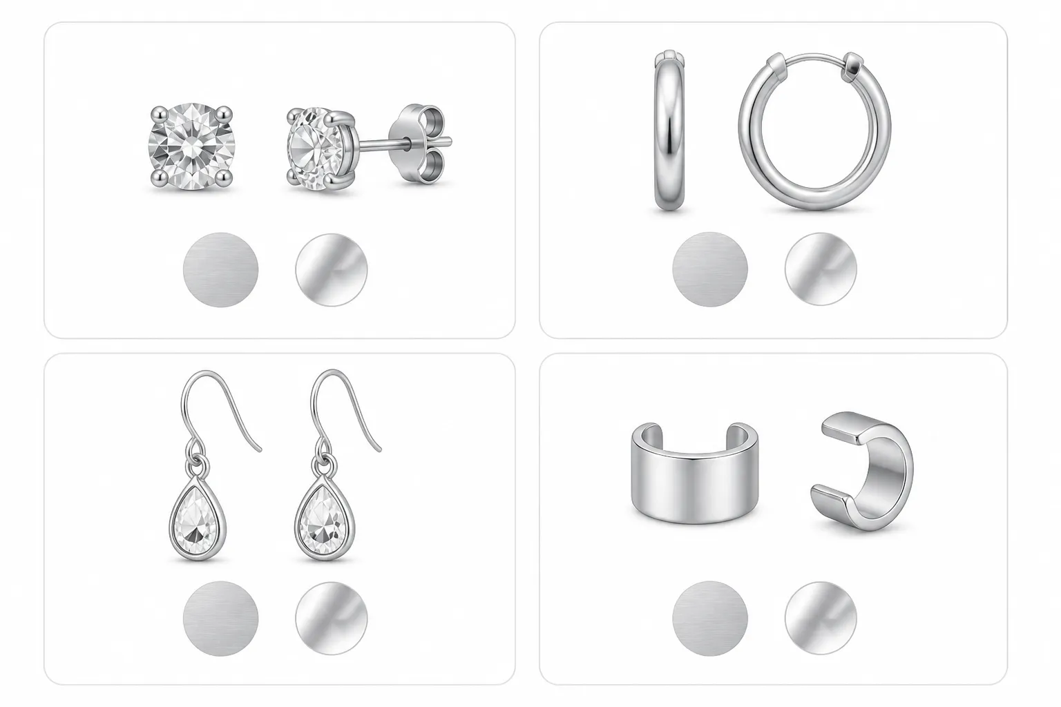 silber ohrringe damen - Vergleichsdiagramm der Ohrring-Typen (Stecker, Creolen, Hänger, Ear Cuffs) mit Materialangaben auf Deutsch – Entscheidungshilfe für Händler beim Sortimentsaufbau