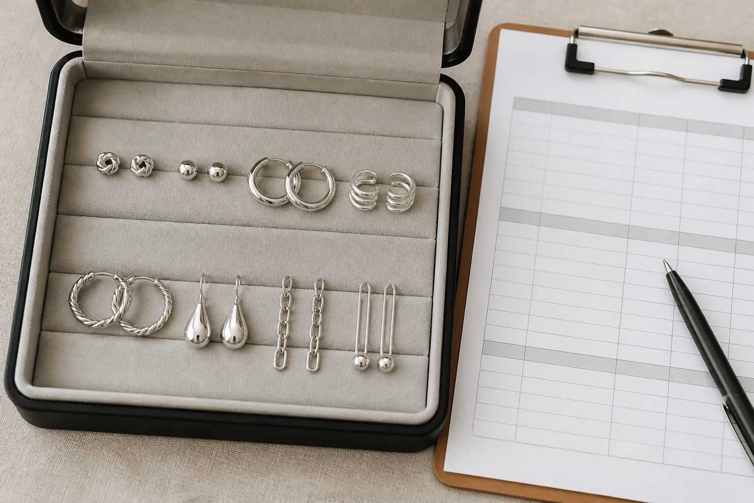 silber ohrringe damen - Foto eines Musterkoffers mit verschiedenen Silber-Damen-Ohrringe-Styles neben einem strukturierten Bewertungsformular – typische B2B-Sourcing-Situation im Schmuckgroßhandel