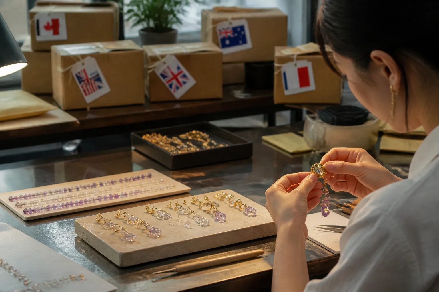 joyería relojería - Fotografía editorial de mesa de trabajo en taller de joyería en Hangzhou con pendientes chapados en oro y cuentas de cristal degradado en proceso de inspección de calidad, junto a cajas de envío con etiquetas de destino para Europa y EE. UU.