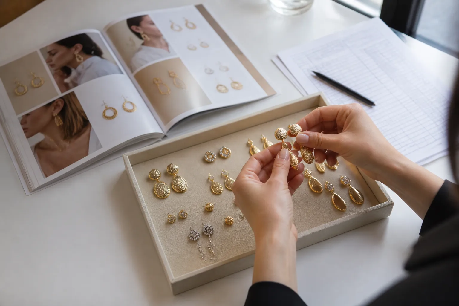 custom jewelry - Editorial photo of a procurement buyer reviewing a flat-lay of jewelry samples — gold-plated drop earrings, rhinestone studs, and a necklace-earring set — alongside a catalog and order form, on a clean office desk