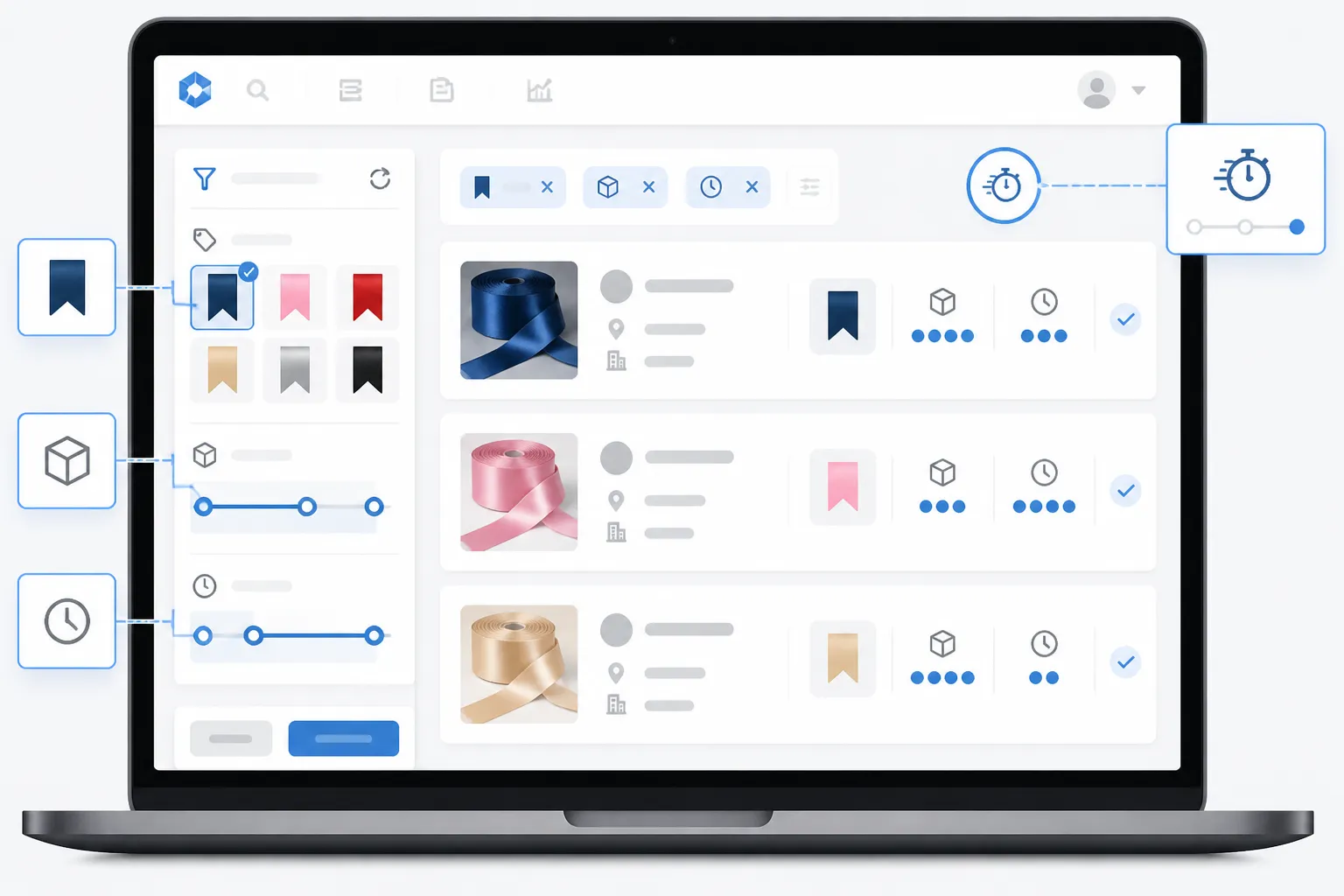 丝带批发供应商 - Link4a Match 引擎 UI 标注图,展示按丝带类型、最小起订量和生产交期筛选的供应商结果卡片,重点突出了一位国际买家查询缎带货源时的 3 秒匹配结果