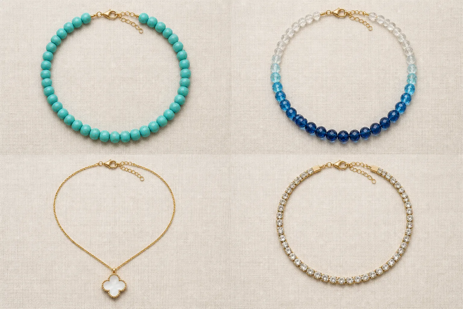 collier femme - Tableau comparatif visuel de différents styles de colliers femme — perles turquoise, cristal dégradé, pendentif trèfle plaqué or, ras-de-cou strass — avec matière et finition annotées pour chaque modèle