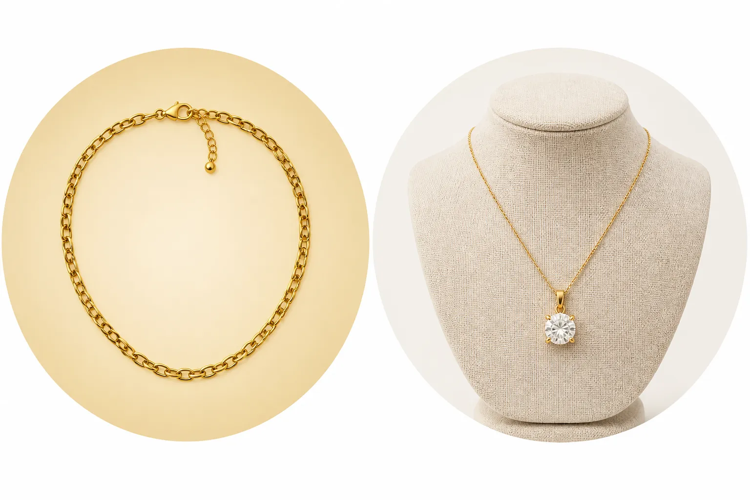 collier femme - Comparaison côte à côte d'un collier femme plaqué or style vintage STRAND et d'un pendentif joaillerie fine, illustrant la différence de positionnement prix, clientèle cible et canal de distribution