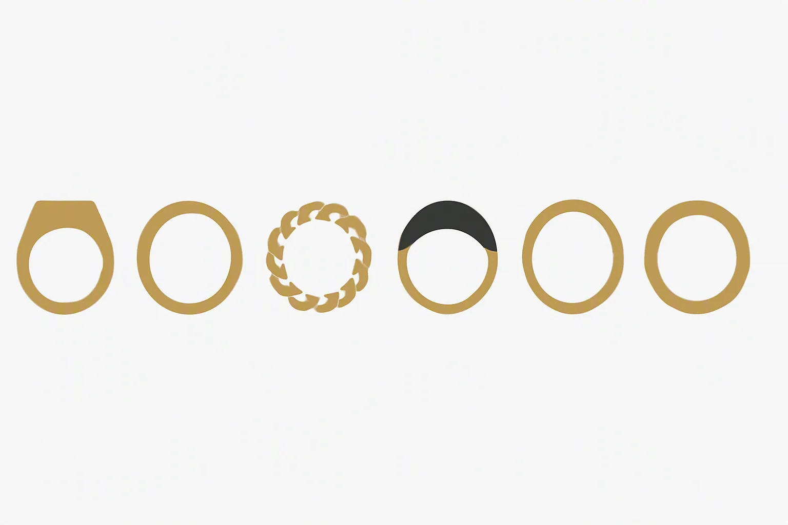 bague or homme - Clean flat-design infographic showing 7 distinct men's ring silhouettes labeled in French — signet, band, chain-link, dome, two-tone, stacking, statement — arranged in a horizontal row on white background, gold and charcoal color palette, one icon per style