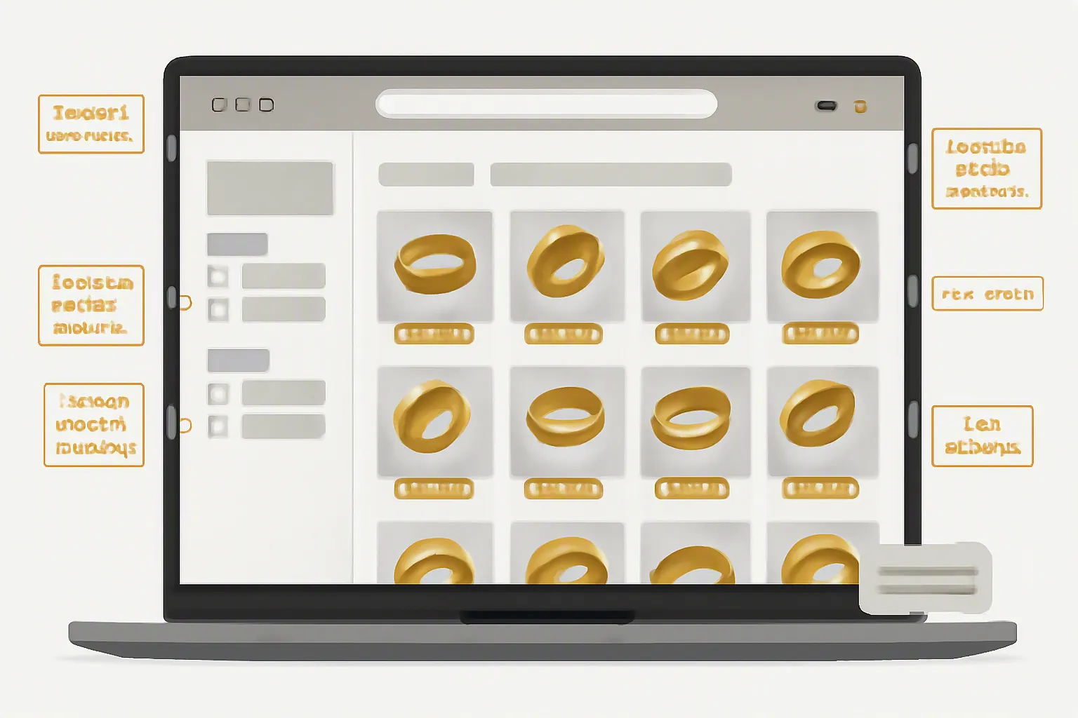 bague or homme - Annotated UI mockup of a wholesale jewelry sourcing platform on a laptop screen, showing a product grid of men's gold rings with MOQ badges, filter sidebar with metal type and plating options, and a chat widget open in the corner — clean interface, neutral gray and gold tones, realistic browser chrome