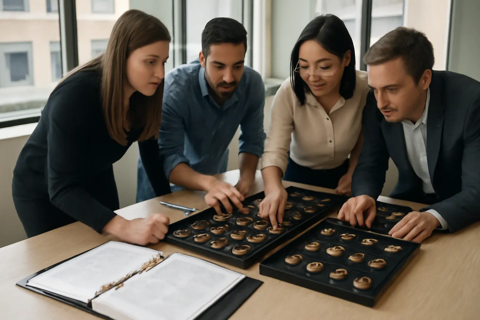 custom jewelry - Editorial photo of a cross-border procurement team reviewing jewelry sample trays alongside a product specification binder, representing the structured OEM evaluation process before a production order