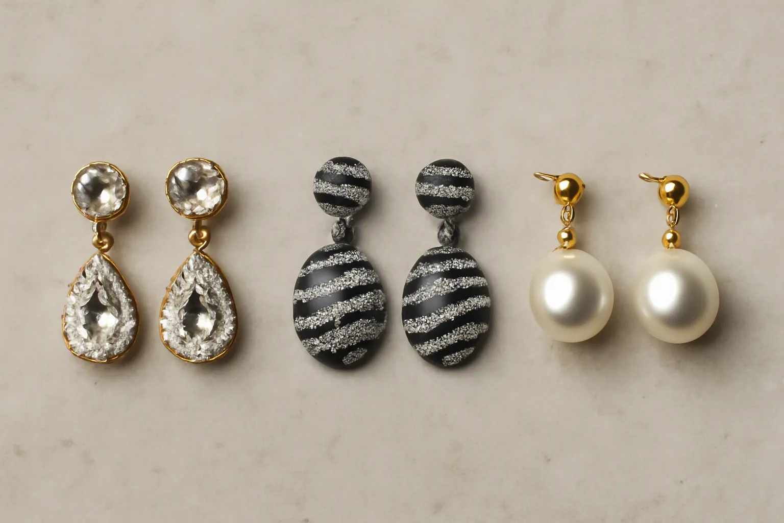 personnalisé - Photo éditoriale comparant côte à côte trois types de boucles d'oreille pendantes — cristal vintage, strass bicolore style zèbre, et perles de verre — sur fond neutre, illustrant la profondeur d'un catalogue bijoux OEM professionnel