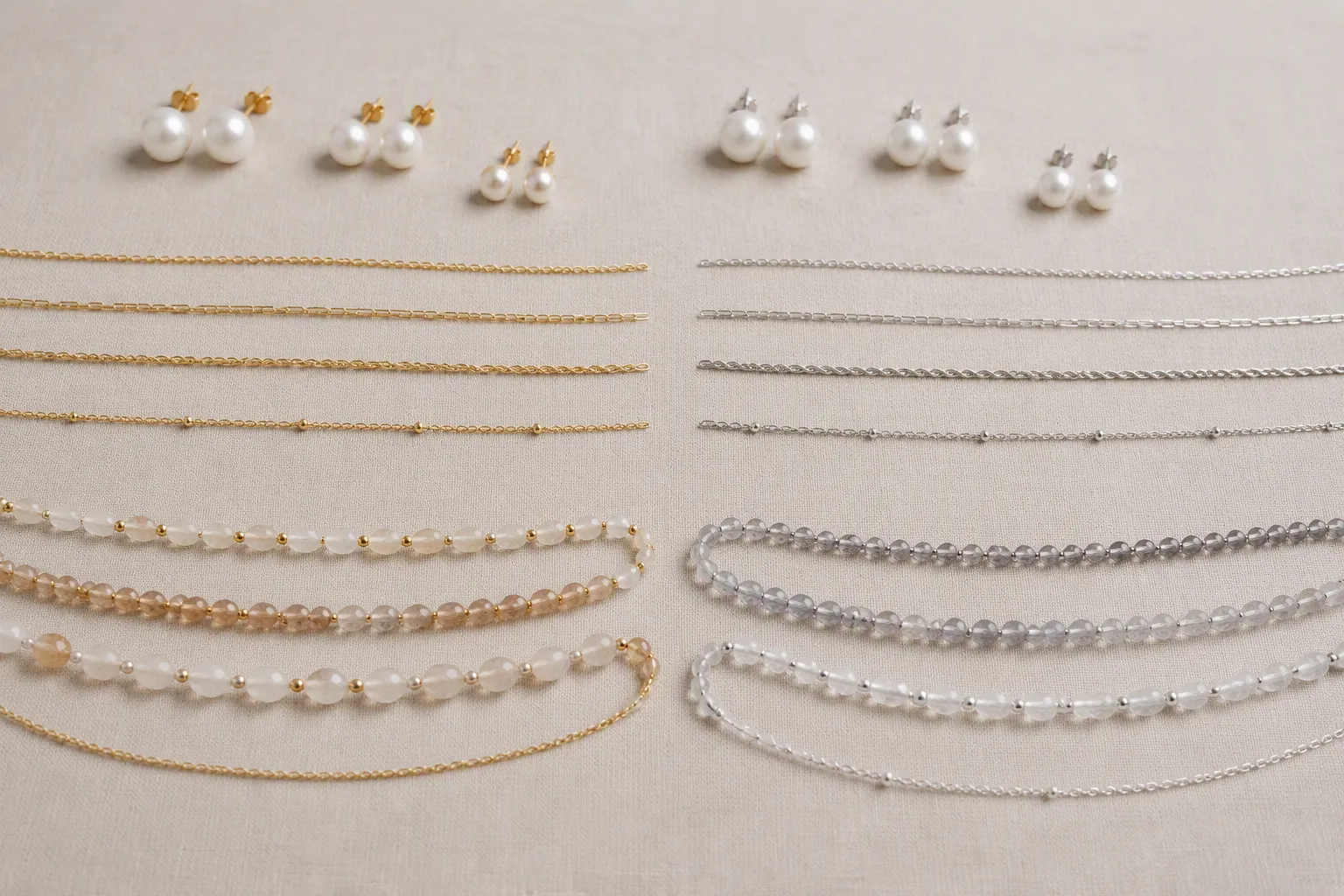 joyería cerca de mi ubicación - Muestra de catálogo mayorista con pendientes stud de perlas, cadenas doradas y collares de cuentas de vidrio sobre fondo neutro, mostrando variaciones de acabado en baño de oro y rodio sobre cobre