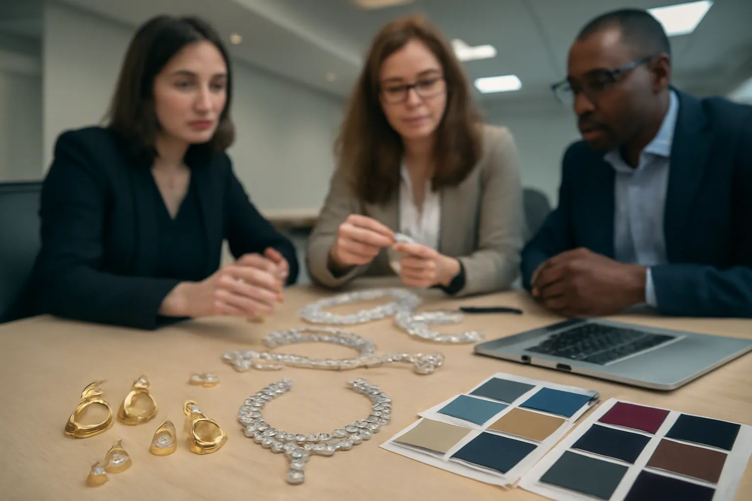 custom jewelry - Photorealistic scene of a procurement team reviewing jewelry samples on a conference table — gold-plated earrings, crystal necklace sets, and material swatch cards — with a laptop open to a supplier catalog, representing the B2B sourcing evaluation process