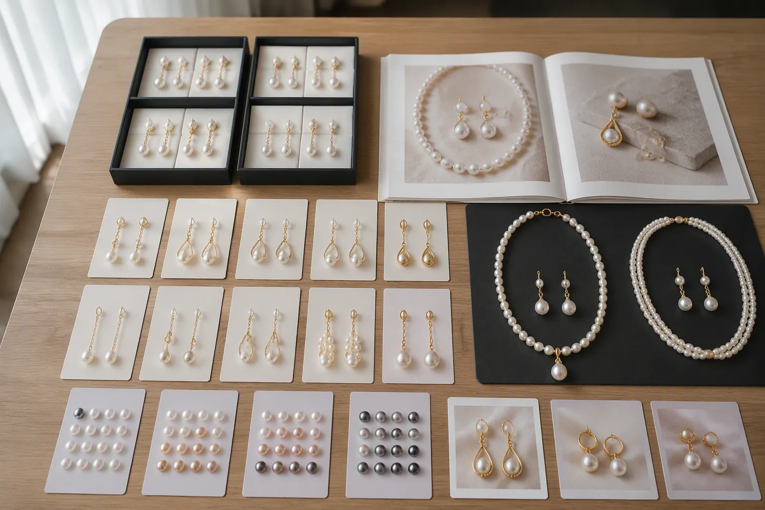 taller de joyería cerca de mi - Catálogo de joyería B2B con muestras de pendientes de gota, sets de collar y pendientes de perlas dispuestos para revisión de compras — representa el proceso de selección de referencias para una temporada de importación