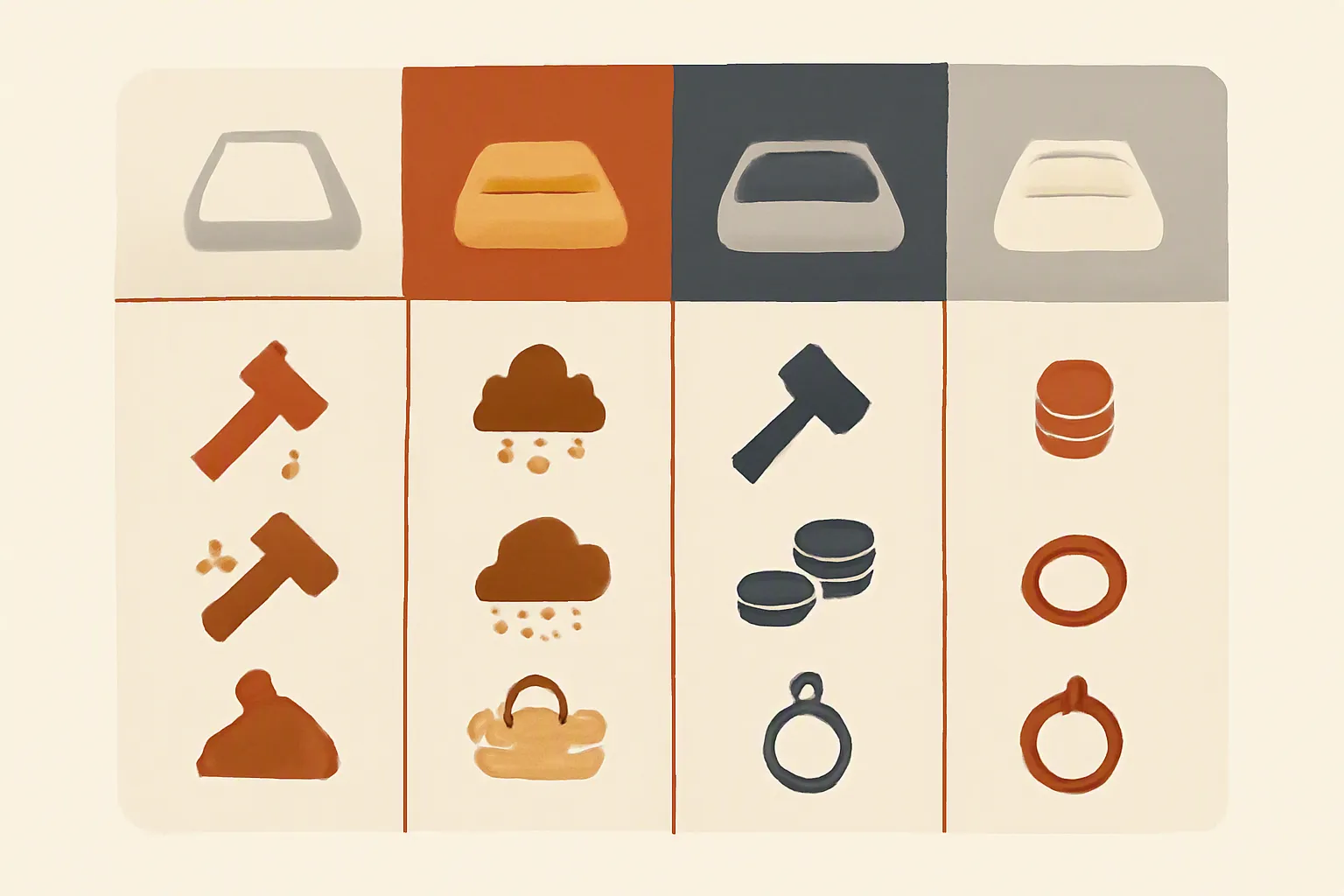 mittelalter schmuck - Informational comparison diagram showing four medieval jewelry materials — 925 silver, bronze, stainless steel, and tin — each in its own clearly labeled column with icons representing hardness, tarnish resistance, price tier, and typical jewelry use. Flat-design style, muted earth-tone color palette with terracotta, ochre, slate gray, and warm white. No decorative illustration, only structured data layout.