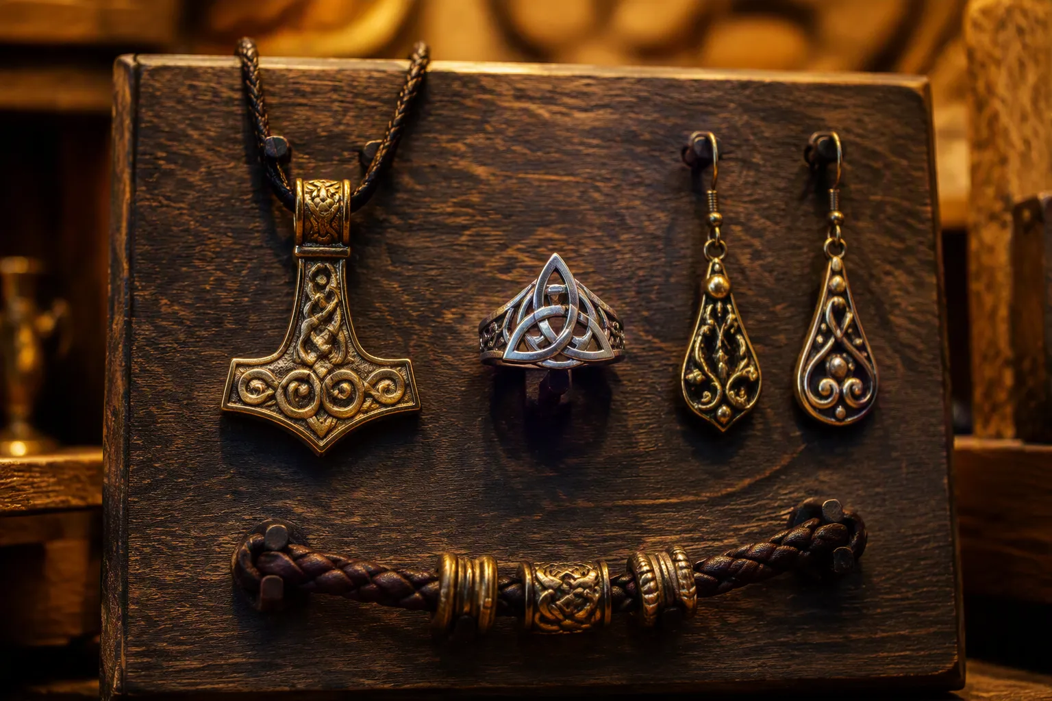 mittelalter schmuck - Photorealistic close-up of a dark-wood display board showing an assortment of Viking and Celtic jewelry — a bronze Thor's Hammer pendant on cord, a 925-silver Triquetra ring, a set of bronze beard beads with leather cord, and a pair of bronze Viking drop earrings with loop detail. Warm amber workshop lighting from above, shallow depth of field, authentic craft-market atmosphere.