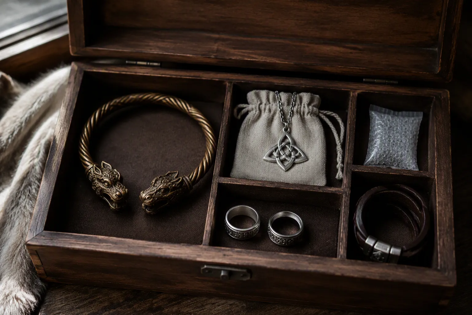 mittelalter schmuck - Editorial flat-lay photograph showing an open wooden divided jewelry box with separate compartments: a bronze Viking torque in the largest section, a silver Triquetra pendant in a small drawstring pouch, two stainless steel runic rings side by side, and a folded leather bracelet. A small silica gel packet is visible in the corner of the box. Natural window light from the left side, authentic storage context, no text in image.