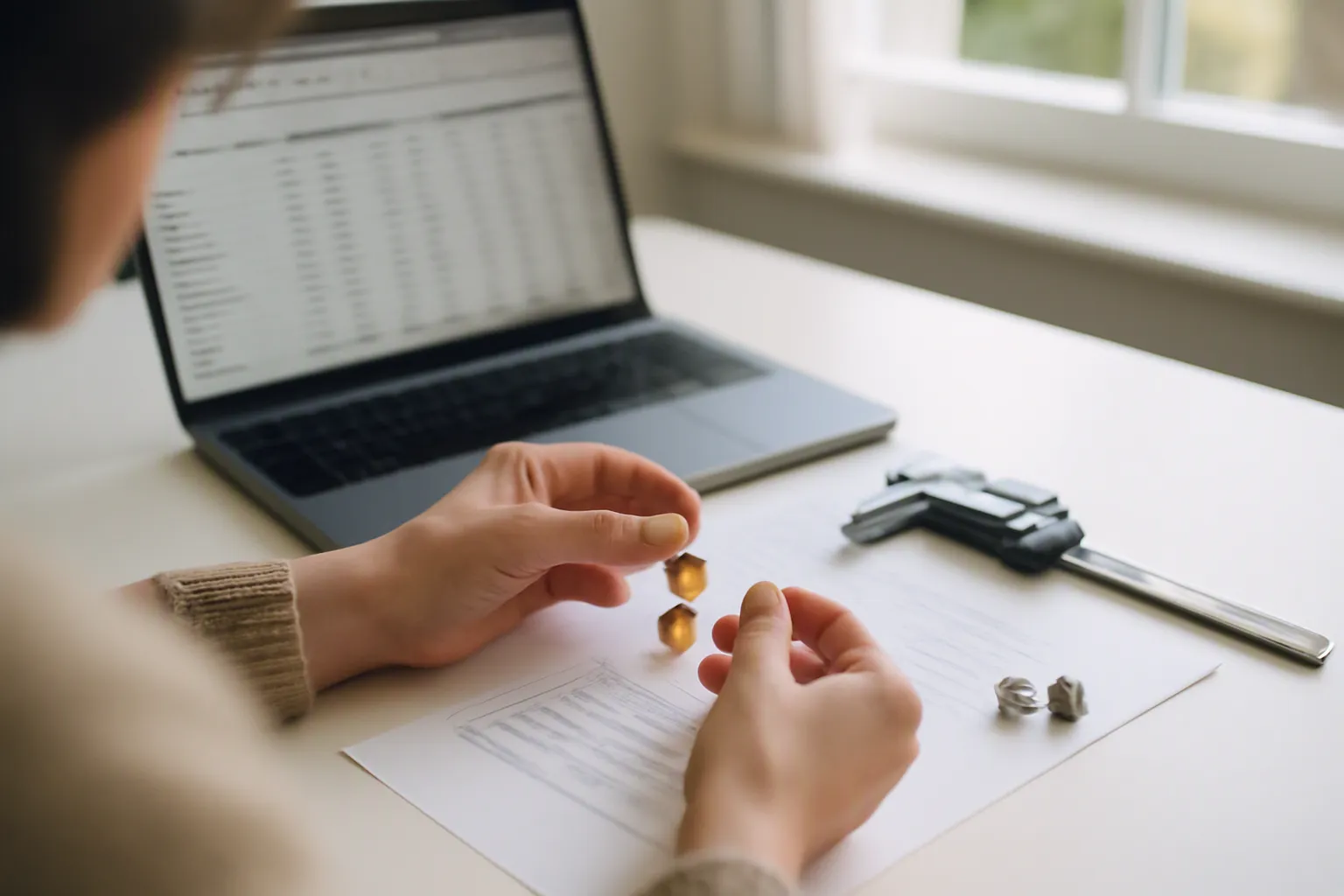 custom jewelry - Photorealistic scene of a B2B buyer reviewing physical jewelry samples — gold-plated drop earrings and rhinestone studs — at a desk alongside a printed spec sheet, caliper tool for measuring plating thickness, and a laptop open to a side-by-side supplier quote comparison spreadsheet