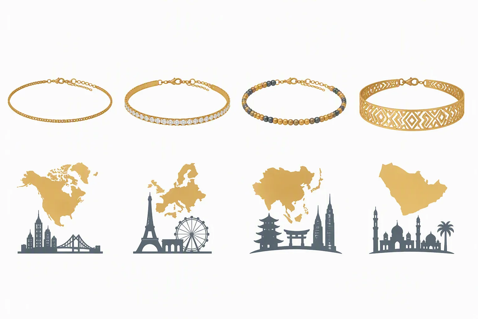 choker dorado - Clean flat-design informational diagram showing four choker necklace silhouettes side by side — thin chain, rhinestone, beaded two-tone, and wide geometric — each labeled below with its target market (Nórdico/minimal, Latinoamérica/vintage, MENA/statement, Europa/premium), gold and slate gray color palette, white background, no decorative elements