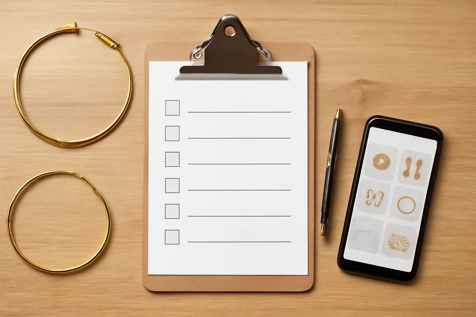 choker dorado - Editorial flat-lay photo of a B2B jewelry procurement checklist on a clipboard alongside a gold-plated choker necklace sample, a pen, and a smartphone displaying a supplier catalog page, natural window light from the left, clean wooden desk surface