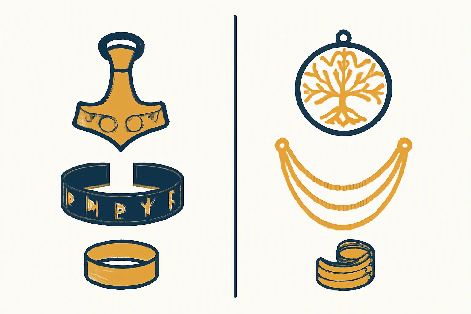 wikinger schmuck - Clean flat-design comparison infographic showing Viking jewelry styles for men (hammer pendant, rune bracelet, wide band ring) on the left half and for women (delicate yggdrasil pendant, layered chain necklace, ear cuff with knotwork) on the right half, simple bold icons, Norse-inspired color palette of deep navy, slate gray and warm gold, white background, no photography