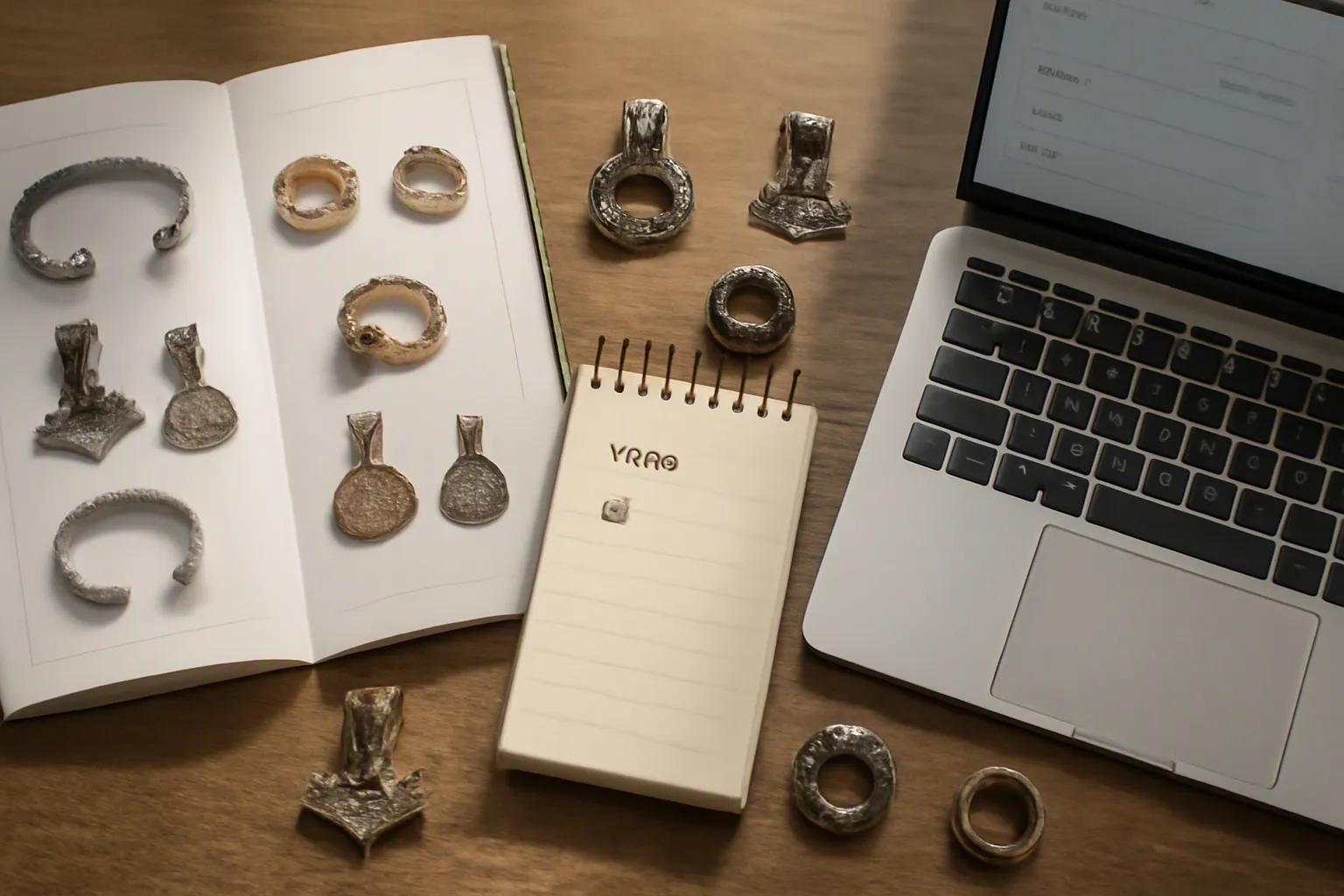 wikinger schmuck - Editorial flat-lay of a procurement desk: open product catalog showing Viking-style jewelry with handwritten MOQ and delivery notes on a notepad, a laptop displaying an order interface, gold-plated and silver-toned sample pieces arranged at the edge, natural window light from above, authentic business-environment feel