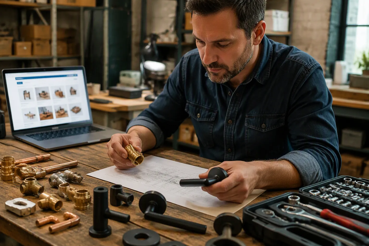 china direct wholesale - Editorial photo of a U.S.-based small business owner reviewing factory samples on a workbench — plumbing fittings, door hardware, and tool sets laid out for comparison with a product specification sheet and laptop showing a sourcing platform