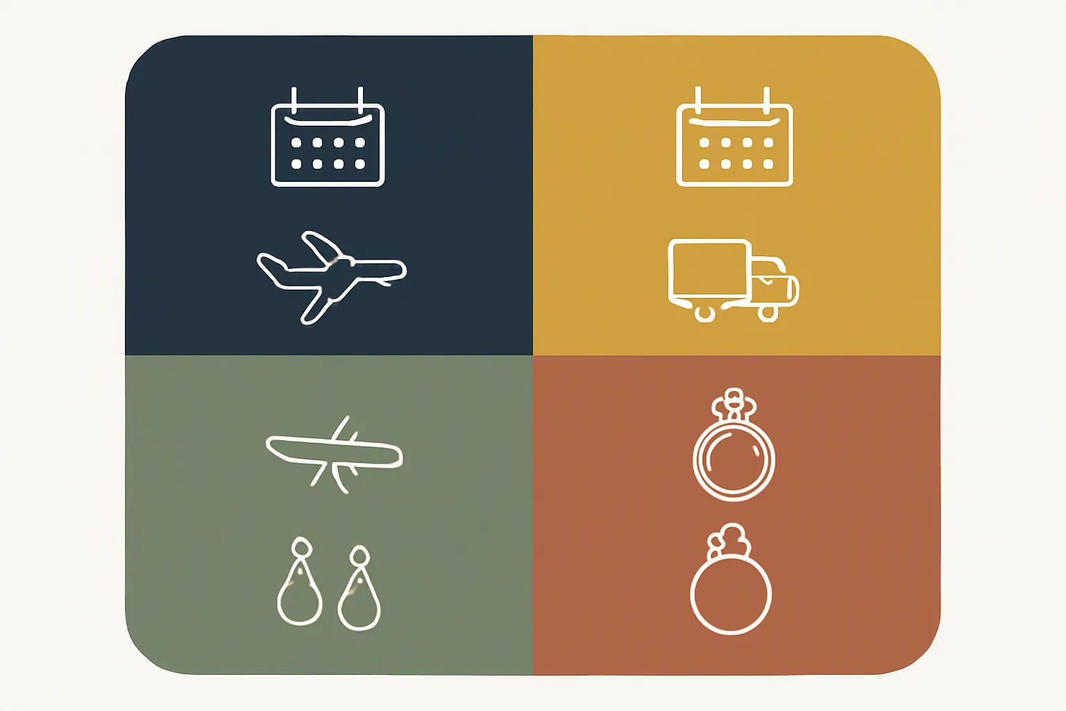 modeschmuck großhandel - Informationsdiagramm eines saisonalen Beschaffungskalenders für Modeschmuck-Großhandelseinkäufer – Q1 bis Q4 mit typischen Bestellzeitfenstern, Versandoptionen und Peak-Seasons je Produktkategorie