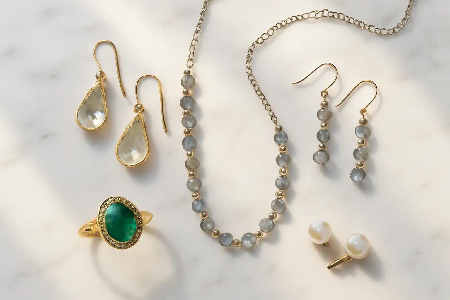معرض المجوهرات - Photorealistic flat-lay editorial photo of a curated jewelry assortment on a white marble surface: gold-plated drop earrings with gradient crystals, a rhodium-plated necklace and earring set with glass beads, a vintage-style ring with green gemstone, and pearl stud earrings — natural diffused daylight, product photography composition with slight shadow detail