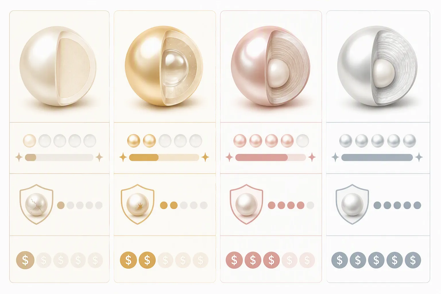 collar de perlas - Diagrama comparativo de cuatro niveles de calidad de collar de perlas —resina, vidrio, shell pearl, agua dulce— con indicadores visuales de lustre, durabilidad, precio por pieza y perfil de comprador ideal