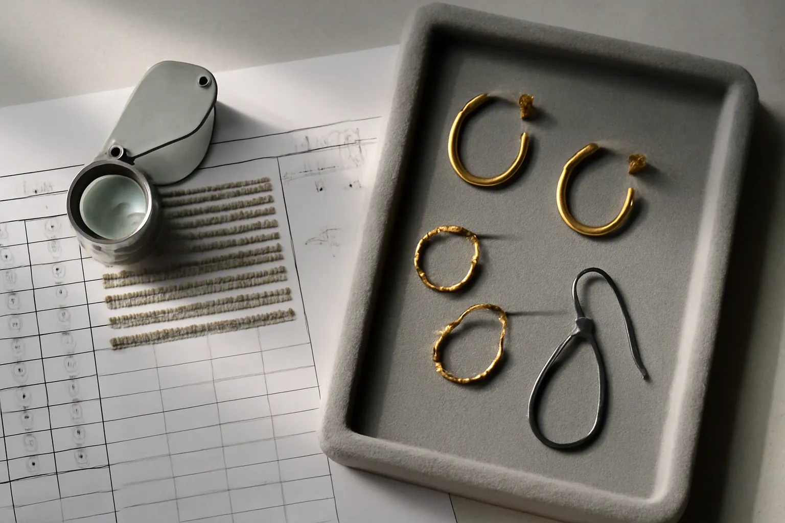 jewellery in wholesale - Annotated editorial flat-lay photo showing a jewellery buyer's evaluation workspace — a metal loupe magnifier resting on a sterling silver chain swatch, a printed quality-spec sheet with handwritten notes in the margins, and three sample earring styles in gold-filled and oxidized finishes arranged on a grey velvet tray, soft diffused natural light