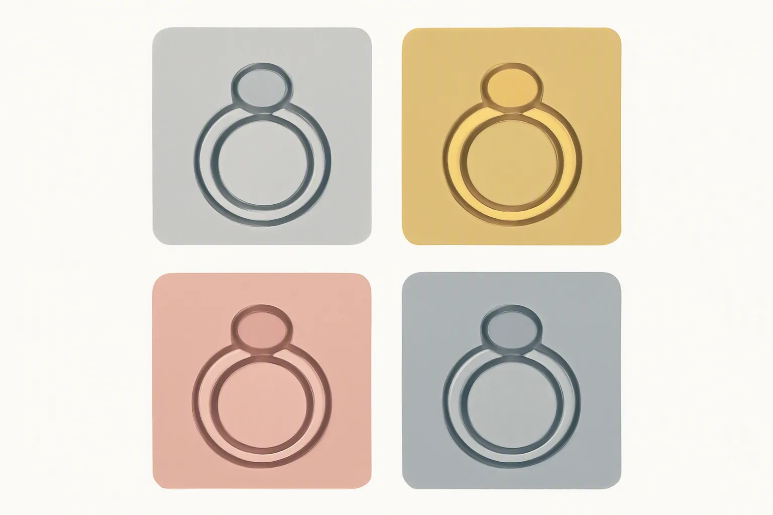 wholesale on jewelry - Clean flat-design infographic showing four wholesale jewelry material tiers — sterling silver (925), gold-filled, gold-plated sterling, and stainless steel — each in a distinct color zone with a small icon showing a ring cross-section, white background, sans-serif labels, no decorative gradients