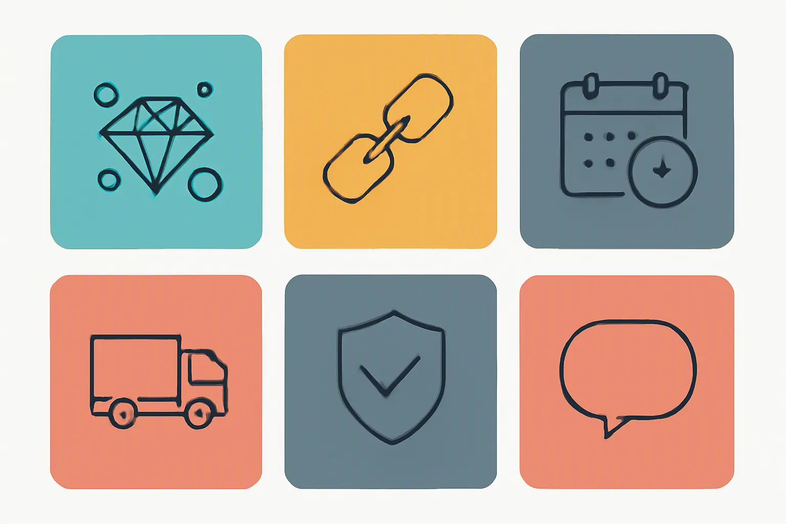 jewelry wholesale vendor - Clean flat-design infographic diagram showing six labeled procurement criteria for selecting a jewelry wholesale vendor — materials and documentation, MOQ and pricing tiers, lead time and stock status, shipping Incoterms, quality assurance policy, and communication SLA — arranged in a symmetrical grid with distinct teal, amber, slate, and coral color zones per category, simple single-line icons, white background, no decorative gradients