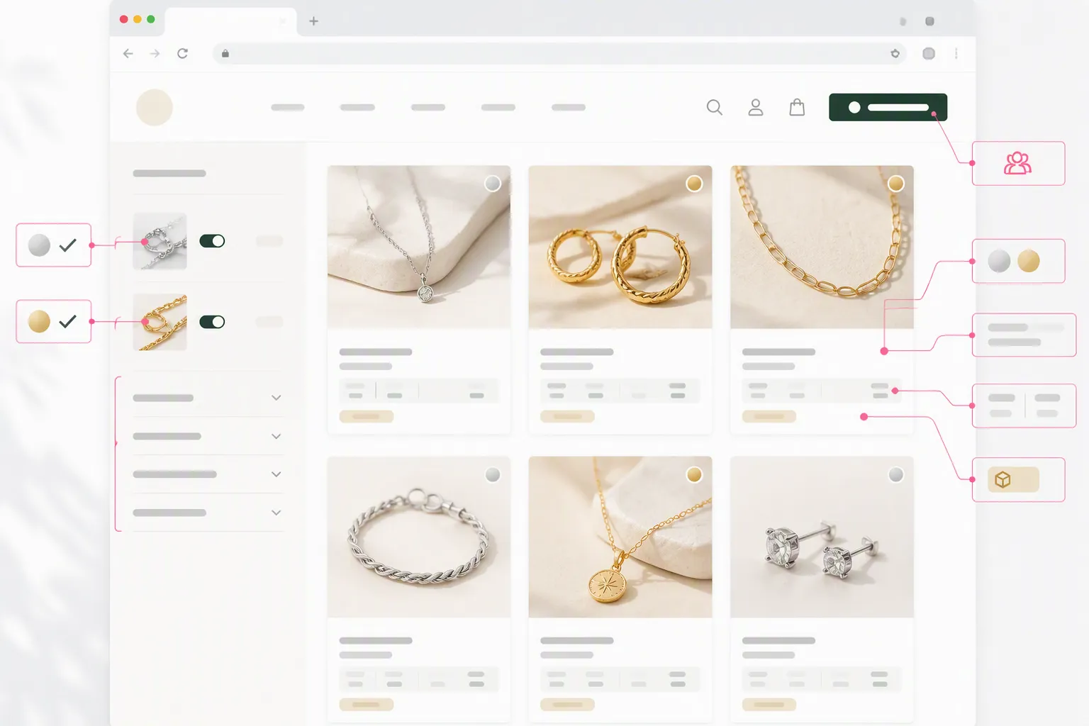 jewelry wholesale vendor - Annotated UI mockup of a wholesale jewelry supplier's online product catalog on a desktop screen, left sidebar showing material filter toggles for Sterling Silver and Gold-Filled with product counts, central grid of six jewelry product cards each with per-unit and per-dozen pricing visible, MOQ badge on each card, highlighted "Request Wholesale Account" button in the top navigation, soft daylight from the left, realistic browser chrome visible