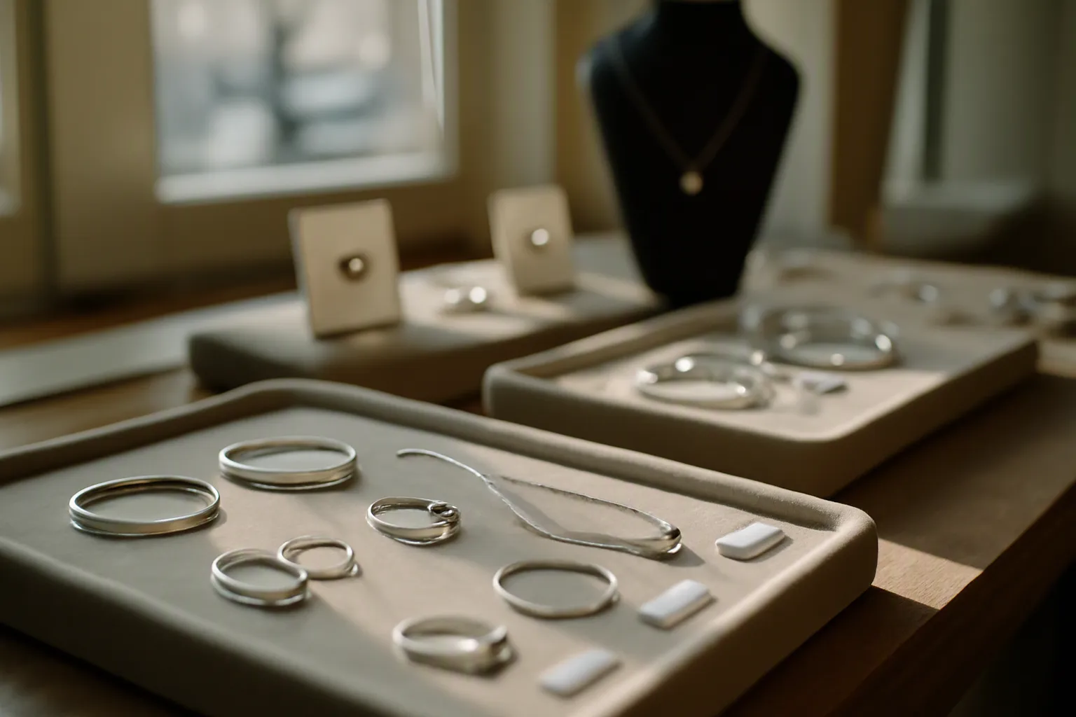 silberschmuck damen - Redaktionelles Foto einer deutschen Schmuckboutique mit ausgestelltem Silberschmuck-Sortiment, sichtbarer Preisauszeichnung in Euro und deutschsprachiger Produktbeschilderung