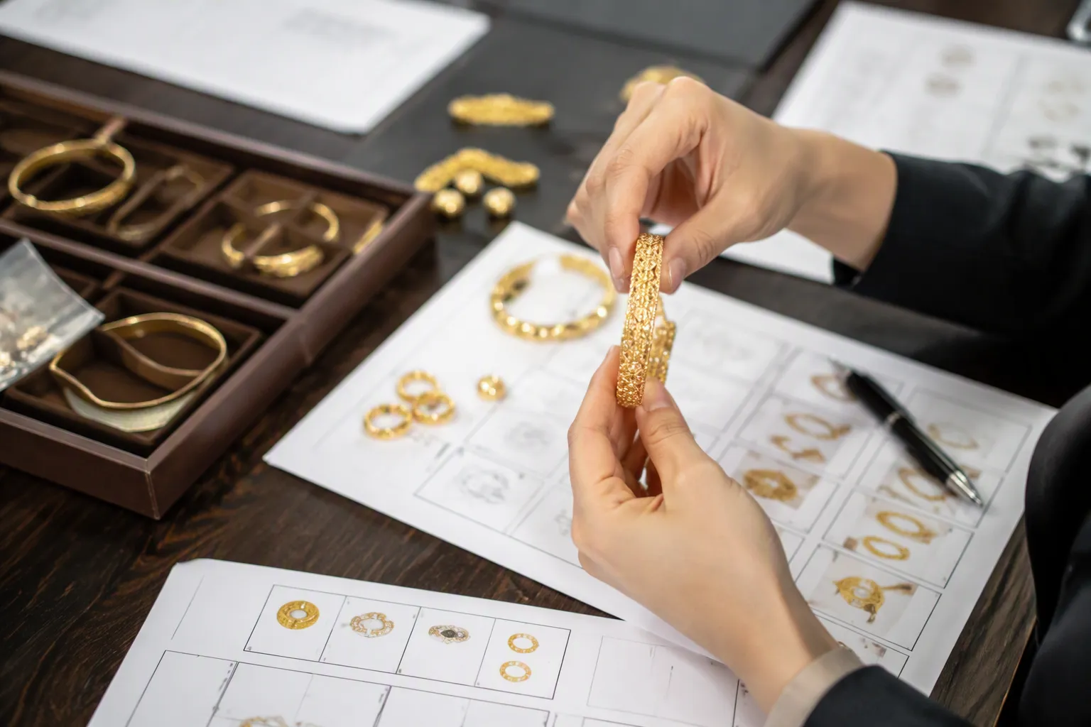 custom jewelry - Editorial photo of a procurement team reviewing physical jewelry samples alongside digital spec sheets and QC checklists in a well-lit office setting, illustrating the professional evaluation process for B2B custom jewelry sourcing decisions