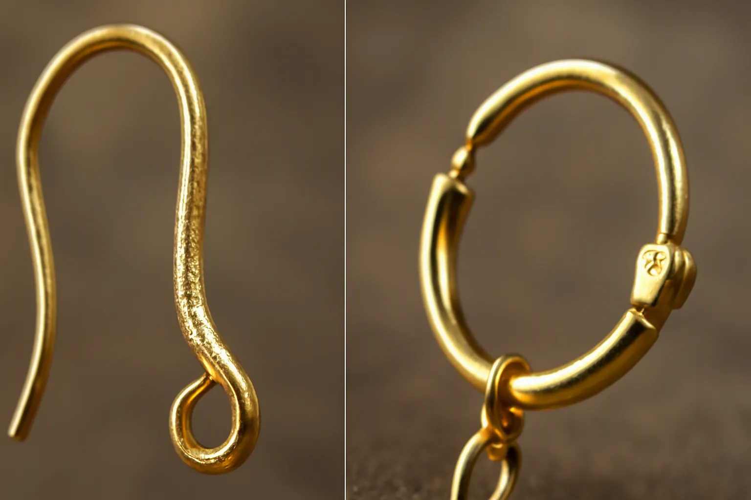 type de boucles - Photo macro comparative montrant l'usure du placage après 6 mois sur un crochet standard vs une dormeuse à charnière, mettant en évidence la préservation de la couche or sur la zone de contact fermée