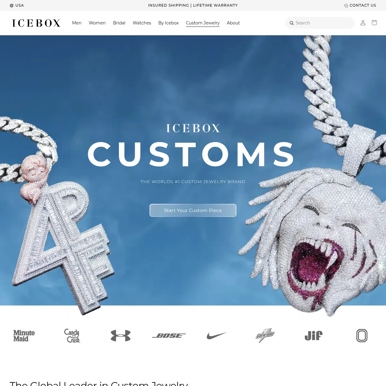 Icebox custom jewelry service page highlighting international capabilities
