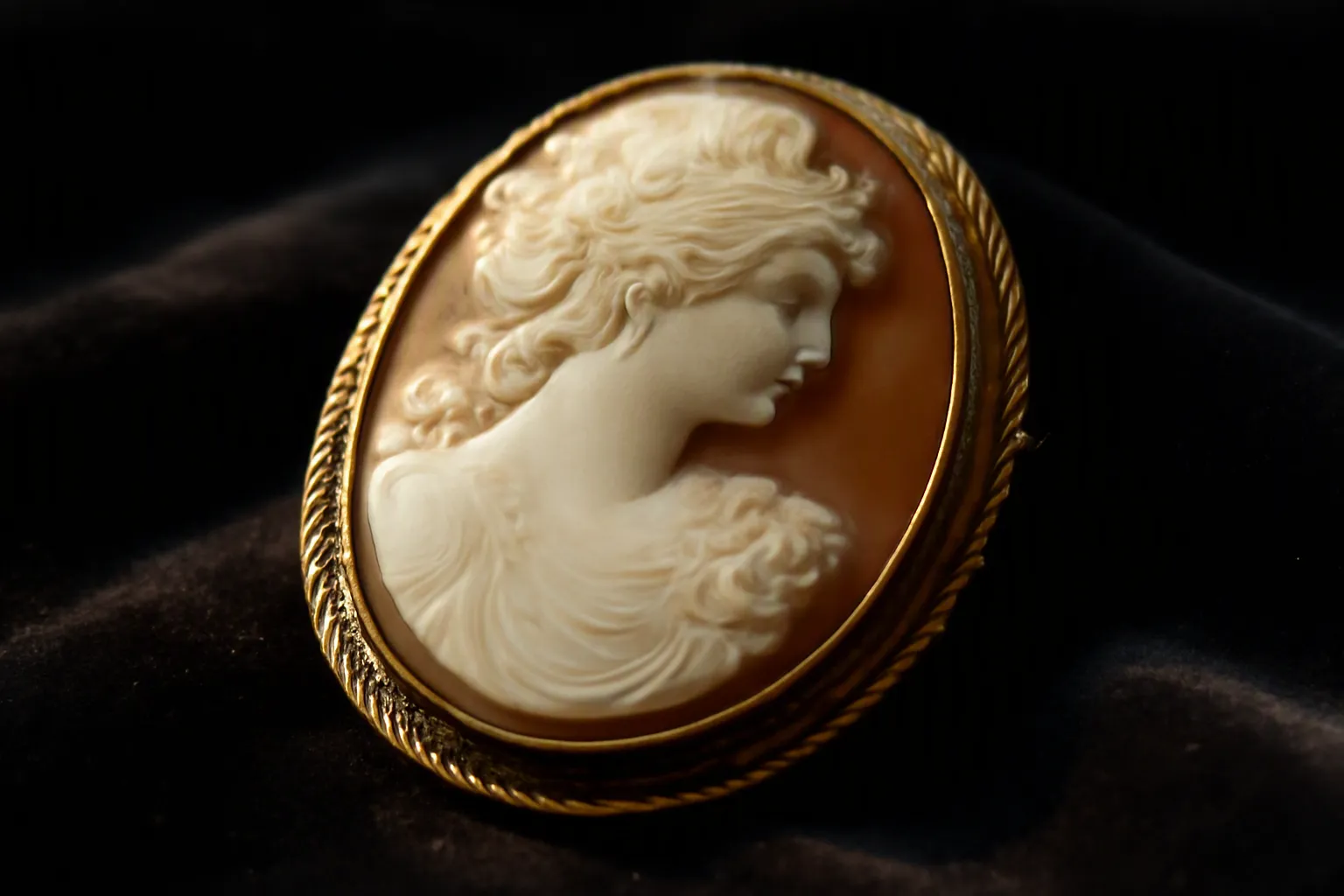 camée bijoux - Photorealistic macro shot of a vintage-style cameo brooch resting on dark velvet, showing detailed relief carving contrast between white portrait and darker background, natural window lighting highlighting texture and craftsmanship, shallow depth of field