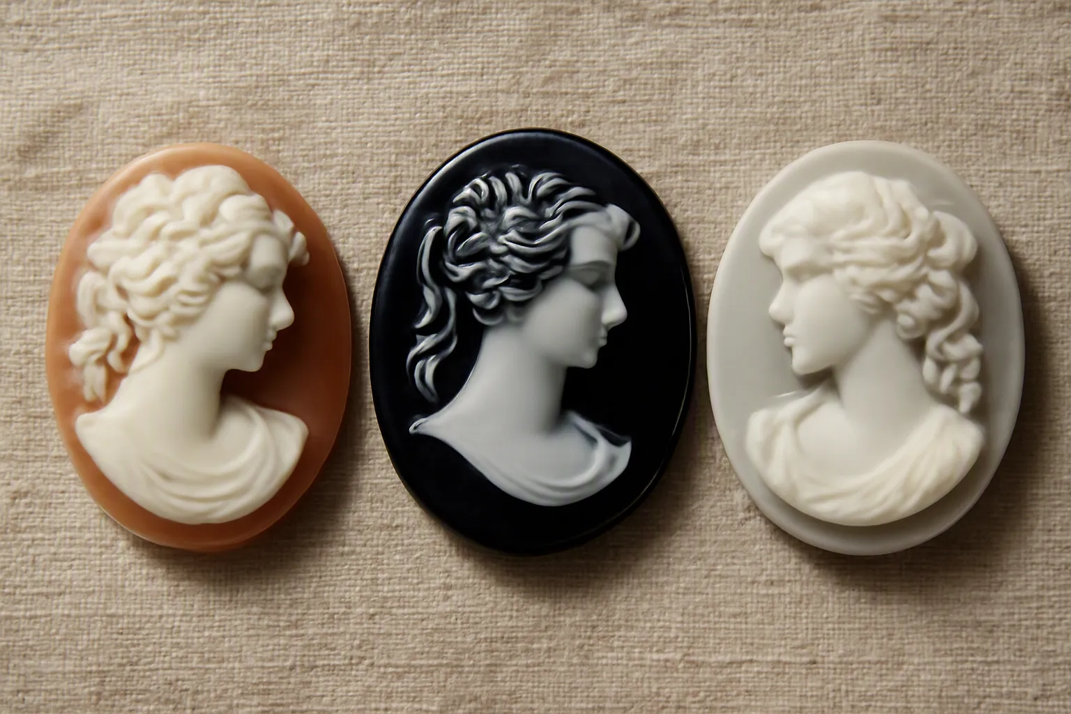 camée bijoux - Editorial conceptual photo displaying three distinct cameo material types side-by-side on a linen surface: natural shell cameo with organic layers, molded glass cameo with sharp color contrast, and resin replica with matte finish, soft directional lighting emphasizing textural differences for buyer comparison