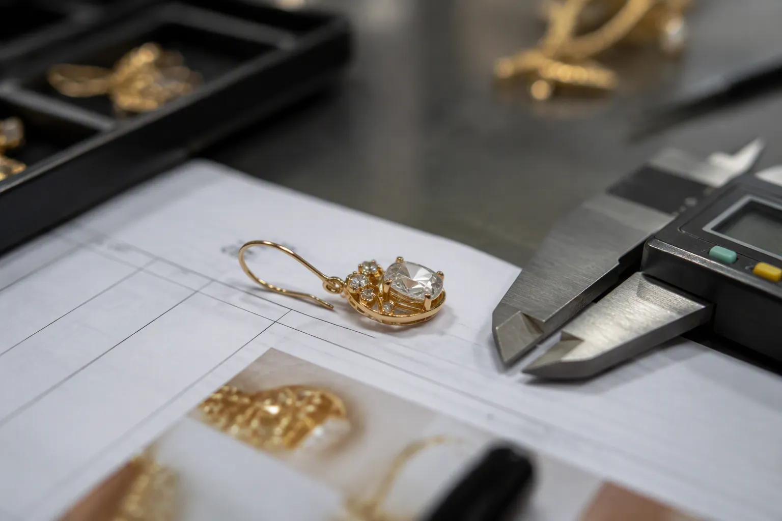 schmuck großhandel - Detaillierte Nahaufnahme eines goldplattierten Ohrrings mit Glaskristallen auf einem professionellen QC-Prüftisch, neben einem Messschieber und einem Prüfprotokoll, das die Schichtdicke der Vergoldung dokumentiert