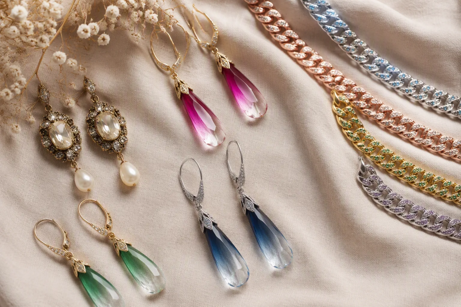 joyería oviedo - Collage editorial de productos STRAND mostrando diversidad de estilos: pendientes drop vintage, conjuntos de cristal degradado y cadenas cubanas con gema, sobre fondo neutro profesional para catálogo B2B