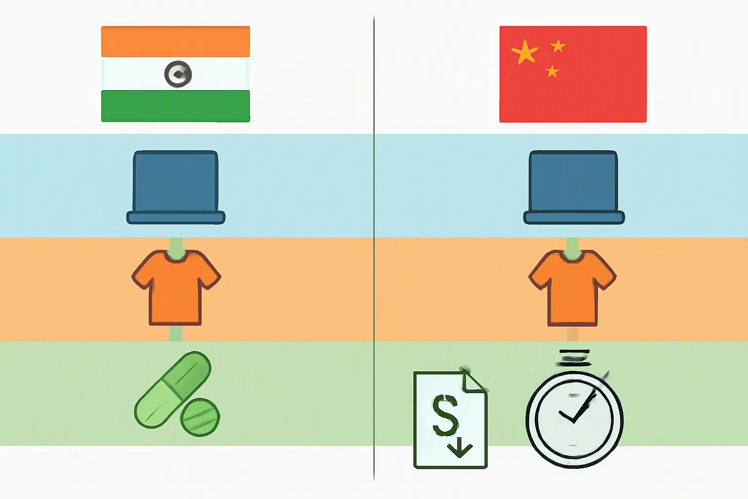 印度 中国 - 分屏信息图,对比美国从印度与中国的进口数据可视化,重点展示电子产品、纺织品和药品等关键产品类别,并标注关税税率和交货时间估算