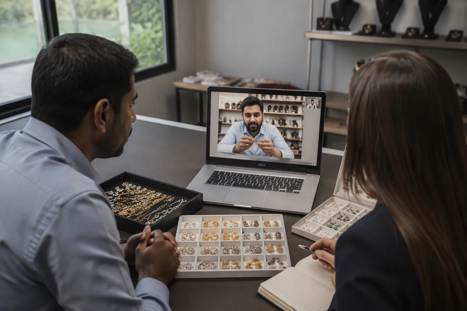 schmuck großhandel - Redaktionelles Foto eines internationalen Einkaufsteams bei einer Videokonferenz mit einem chinesischen Lieferanten, im Hintergrund Musterkarten mit Glassteinen und Metallproben, natürliche Büroatmosphäre