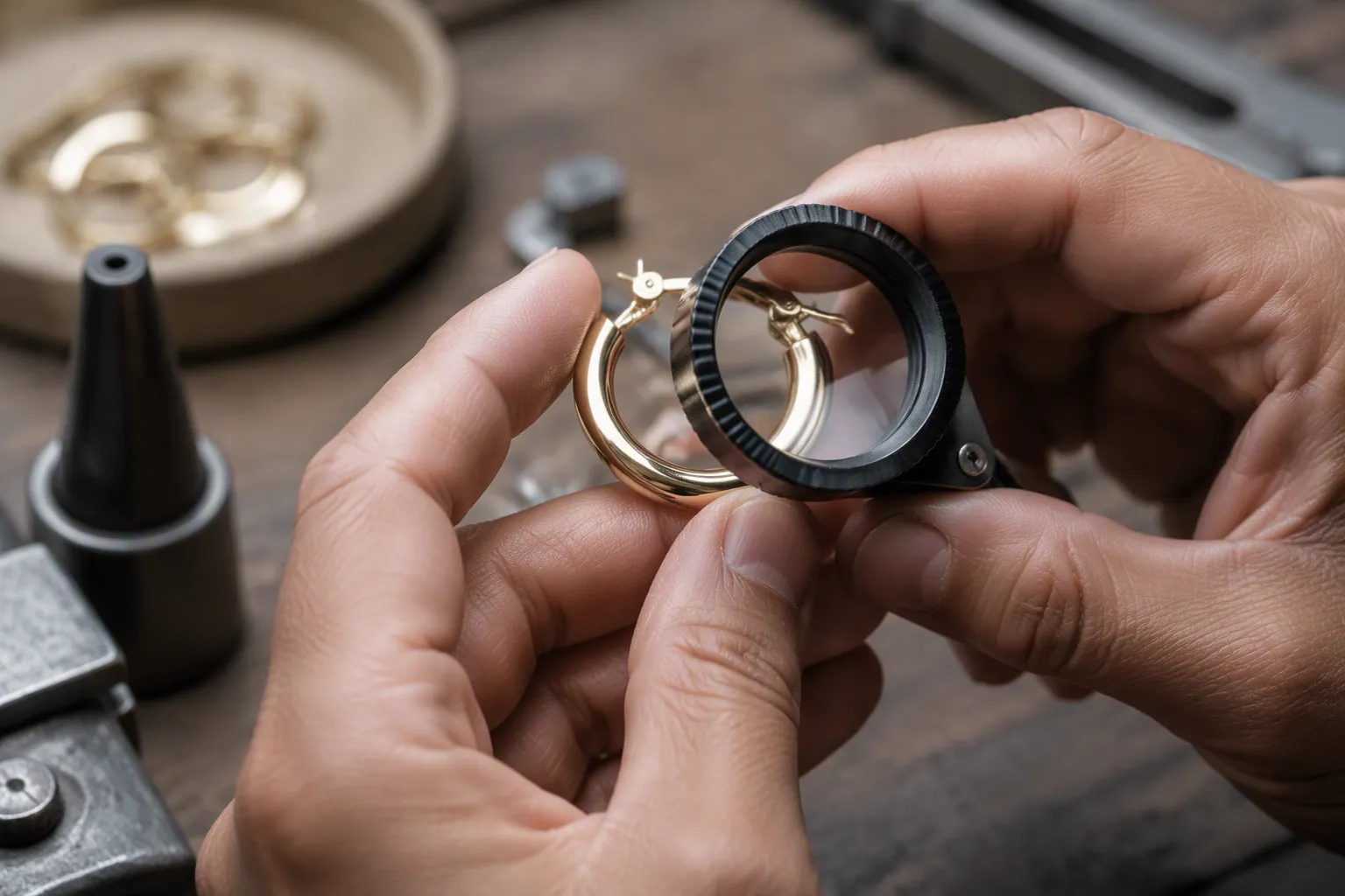 hochwertiger schmuck - Qualitätskontrollprozess in einer Schmuckfertigung – Mitarbeiter prüft Ohrringe auf Beschichtungsqualität und Materialfehler vor dem Verpacken für den Export nach Deutschland
