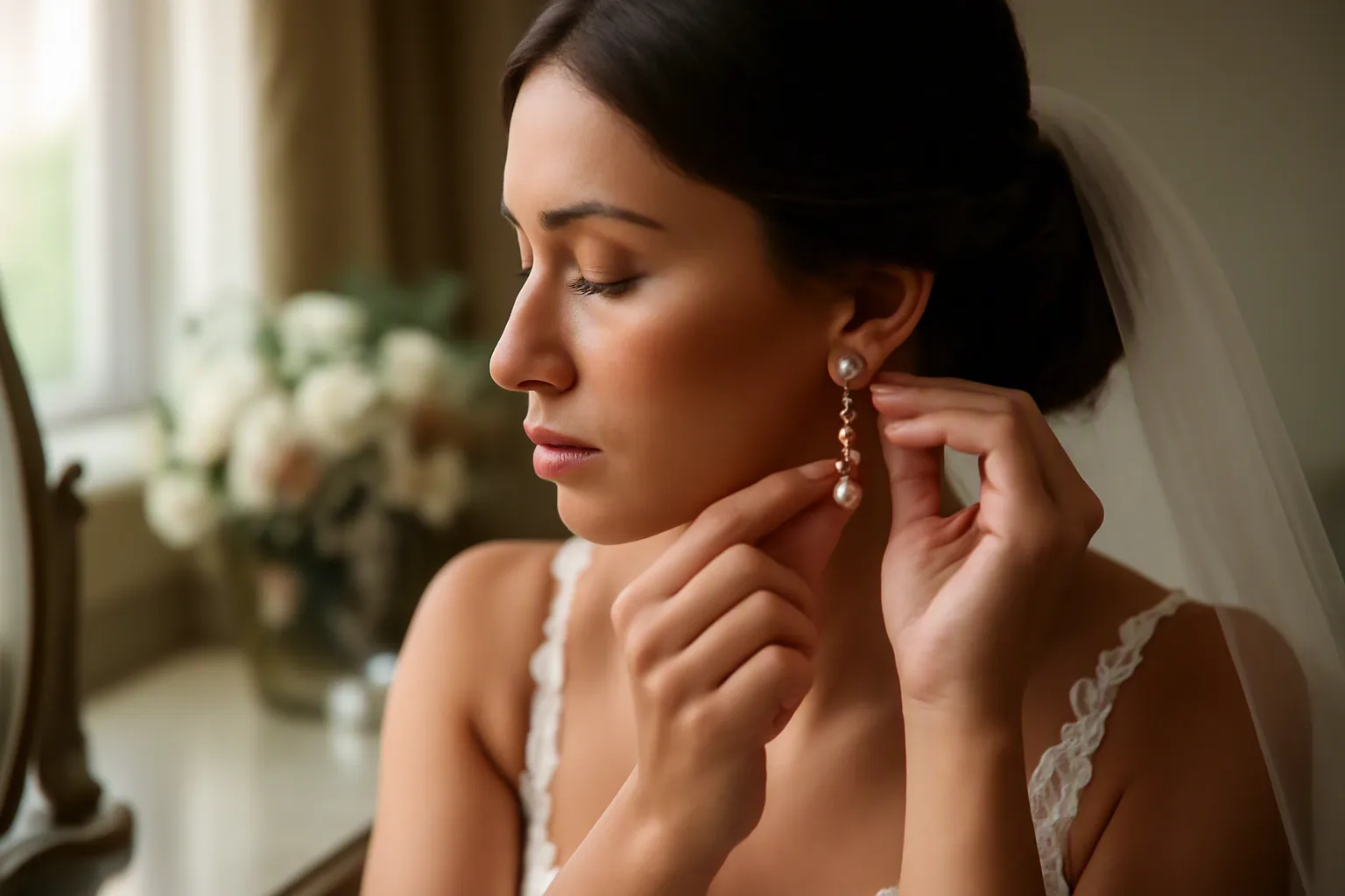 bijoux mariage - Photorealistic scene of an elegantly dressed bride at a dressing table adjusting crystal drop earrings in a gold-plated setting, soft natural window light from the left, out-of-focus floral bouquet in the background, documentary photography style with shallow depth of field