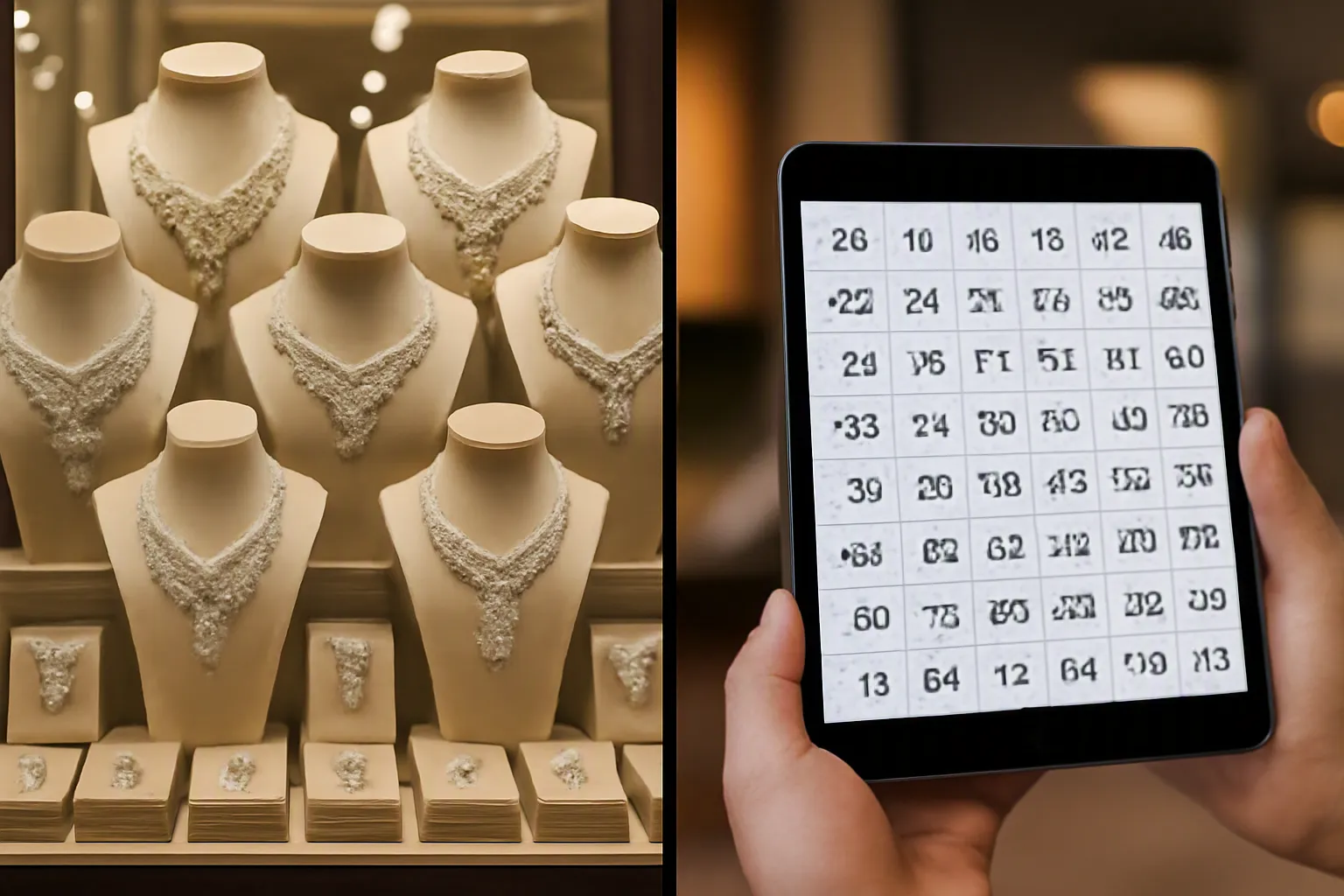محل اكسسوارات - مقارنة بصرية بين واجهة محل اكسسوارات محلي في دبي يعرض أطقم زيركون بسعر التجزئة، ومنصة تصدير جملة للمجوهرات من الصين تُظهر جدول التسعير بالكمية وخيارات MOQ